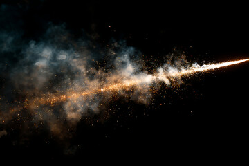 Dynamic trail of golden sparks and smoke against a dark night sky, celebrating festivity