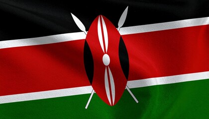 Kenya’s national flag—three horizontal stripes (black, white-bordered red, green); centered Maasai shield with crossed white spears