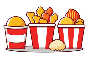 Cartoon illustration of fried chicken onion rings and popcorn buckets