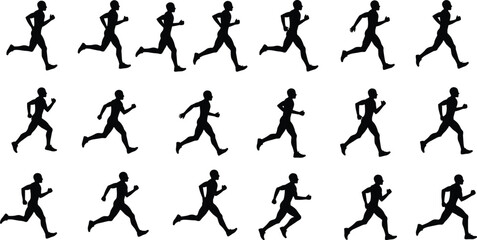 Silhouette sequence of man running, jogging motion illustration, athlete animation cycle, black runner clipart on white background, fitness training, sports movement icons set