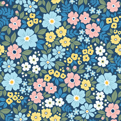 Cute seamless floral pattern. Ditsy style background of small pastel colorful flowers. Small flowers scattered over a dark blue background. Stock vector printing for surfaces. Abstract flowers.  © ann_and_pen