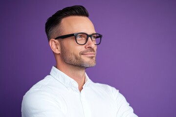 Obraz premium A relaxed man looking serene in his portrait. Classy men's short caesar haircut - midlife white man with black hair. Concept art of style for aging men. Purple solid background.
