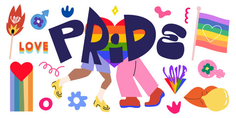 Set of bright rainbow LGBTQ elements. Pride month stickers in cartoon retro groovy style. Symbols of pride, tolerance. Hand drawn vector illustration