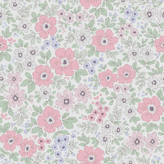 Vector seamless pattern. Vintage pattern in small flowers. Small white, pink and blue pastel flowers. Gray background. Liberty floral background. Hand drawn flowers. Abstract modern trendy pattern.
