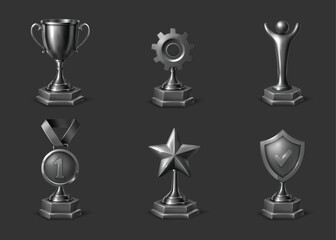 Black trophy award icons for competition achievement and recognition