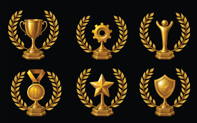 Realistic gold trophy icons with laurel wreaths for awards and achievements