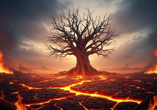 A dead tree stands in a fiery, cracked wasteland