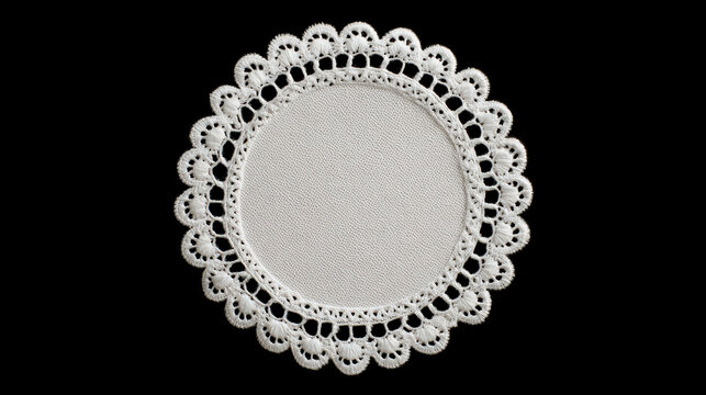 Decorative round white lace doily with intricate pattern on black