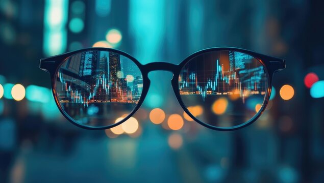 Glasses reflecting a cityscape and financial data