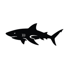 Bold black and white silhouette of a fierce shark on a clean white background