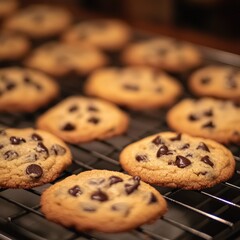 Freshly baked chocolate chip cookies on a wire cooling rack (2)