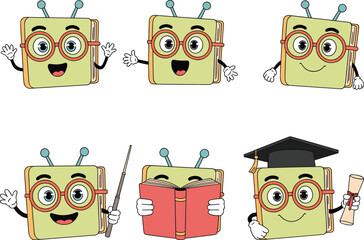 Cartoon book character with graduation cap, glasses, smiling face, waving hand, educational mascot, teaching, school, study, learning, knowledge