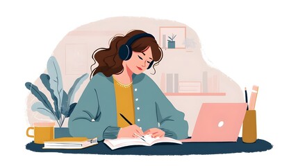 Student attending an online class on a laptop with headphones, taking notes in a notebook.
Concept : Online learning, remote education, digital classroom, self-study, modern education