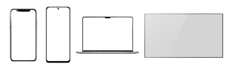 Isolated Set of Smart Devices with Blank Screens. Smartphones, Laptop, and LED TV with Shiny transparent glass panel. Vector Illustration for Tech Mockups & UI Design