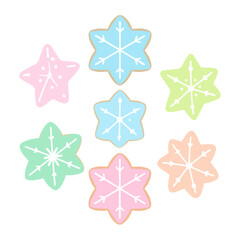 A charming set of pastel-colored, star-shaped cookies decorated with white snowflake icing.