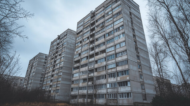 Tall abandoned apartment blocks with weathered concrete facades and leafless trees under a cloudy sky.