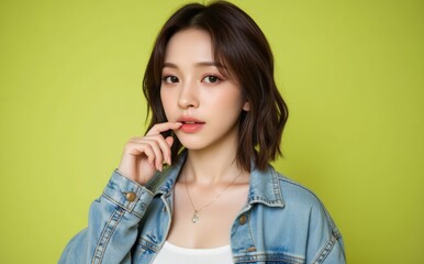 Confident Asian girl with a modern wavy bob hairstyle smiles playfully in a casual outfit. This radiant shot on a soft lime background is perfect for ads 