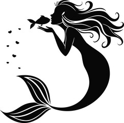 Mermaid Silhouette, Silhouette of Mermaid Blowing Kiss to Fish – Stylized Black and White Fairy Tale Illustration