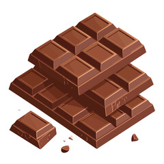 Isometric vector illustration of stacked milk chocolate bars with a broken square piece and crumbs.