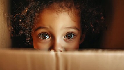 A child with curly hair peeks from inside a cardboard box, showcasing curiosity and wonder in a warm, playful environment