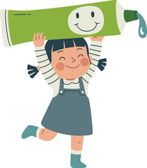 Cartoon child holding giant toothpaste tube, cute and playful illustration, colorful dental hygiene design, happy kids brushing teeth concept art