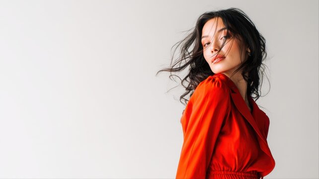 Fashion portraits of Asian women in bright red outfits posing against white backgrounds