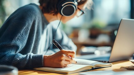 Student attending an online class on a laptop with headphones, taking notes in a notebook.
Concept : Online learning, remote education, digital classroom, self-study, modern education