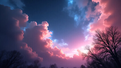Fototapeta premium Fluffy pink clouds frame a glowing sky, with silhouetted trees in the foreground.