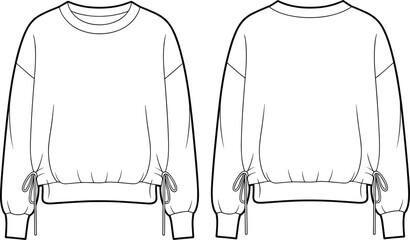 Women’s sweatshirt with drawstring hem and long sleeves, front and back view, fashion flat sketch, casual wear vector illustration