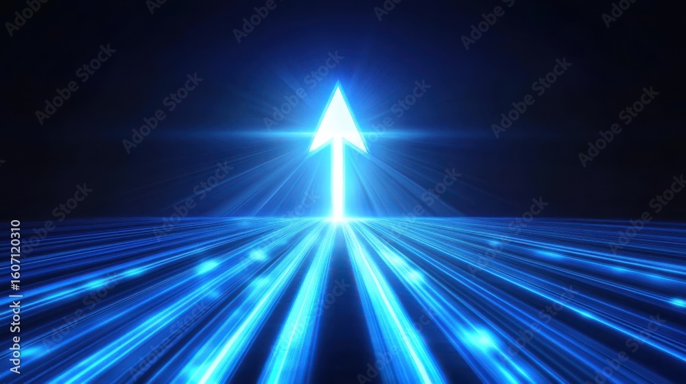 Poster bright blue arrow pointing upward against dark background with rays of light creating dynamic visual