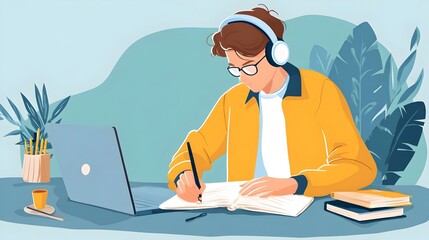 Student attending an online class on a laptop with headphones, taking notes in a notebook.
Concept : Online learning, remote education, digital classroom, self-study, modern education