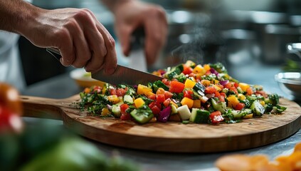 Chef's hands expertly chop colorful vegetable mix on a wooden board