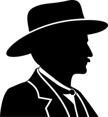 Silhouette of Man in Fedora Hat and Suit in Profile on White Background