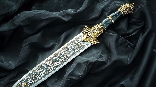 A detailed dagger lies on dark fabric, emphasizing its ornate design and high quality craftsmanship