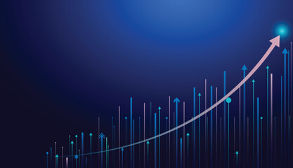 abstract growth business background with arrow graph, market chart profit money. vector illustration hi-tech. financial technology blue background.