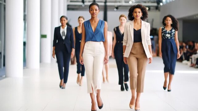 Diverse women in business casual fashion walk a runway
