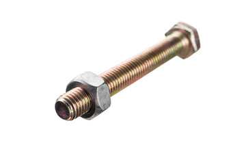 Close-up of large steel screw with bolt, isolated on white background.