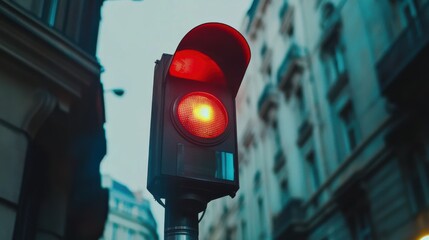 Red traffic light signaling stop in an urban environment with buildings and a cloudy sky in the background