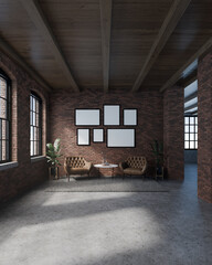 A modern industrial loft living room features exposed brick walls, large windows, brown leather armchairs, and contemporary furniture with natural lighting and minimalist decor elements.