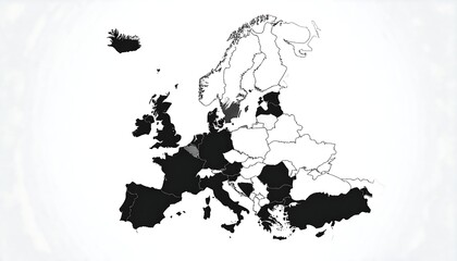 Black and white map of Europe, highlighting countries