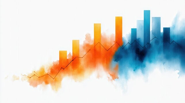 The concept of trade impact of import tariffs. Abstract bar and line graph with orange and blue watercolor brush strokes symbolizing data trends and growth.