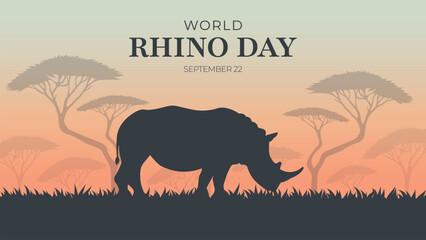 World Rhino Day Poster with Silhouettes in African Savannah Vector.