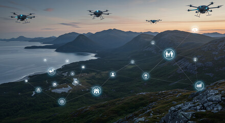 Drones connect smart rural life with glowing network icons over stunning landscape