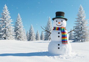 Fototapeta premium Joyful snowman wearing a top hat and colorful scarf in a snowy winter forest