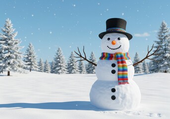 Fototapeta premium Cheerful snowman wearing a top hat and scarf in a snowy winter landscape