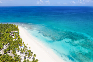 Aerial view on tropical island with palm trees and caribbean sea