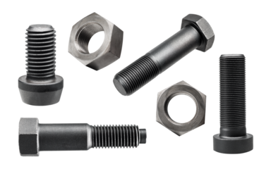 Variety of large black steel screws and bolts, isolated on transparent background, PNG Image.