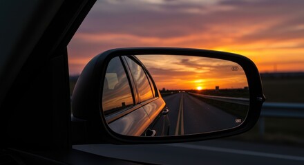 Fototapeta premium Sunset view from car mirror