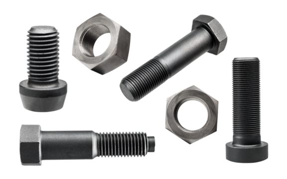 Variety of large black steel screws and bolts, isolated on transparent background, PNG Image.
