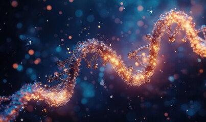DNA helix, glowing golden, against a deep blue bokeh background